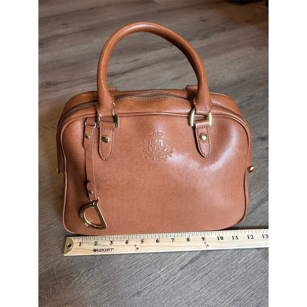 Lauren Ralph Lauren Dome Satchel Top Handle Bag Brown Cognac Gold Crest